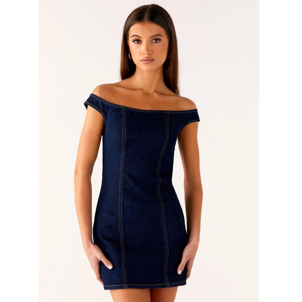 Peppermayo Bonnie Off-Shoulder Mini Indigo Dark Blue Denim Mini Dress US Size 4